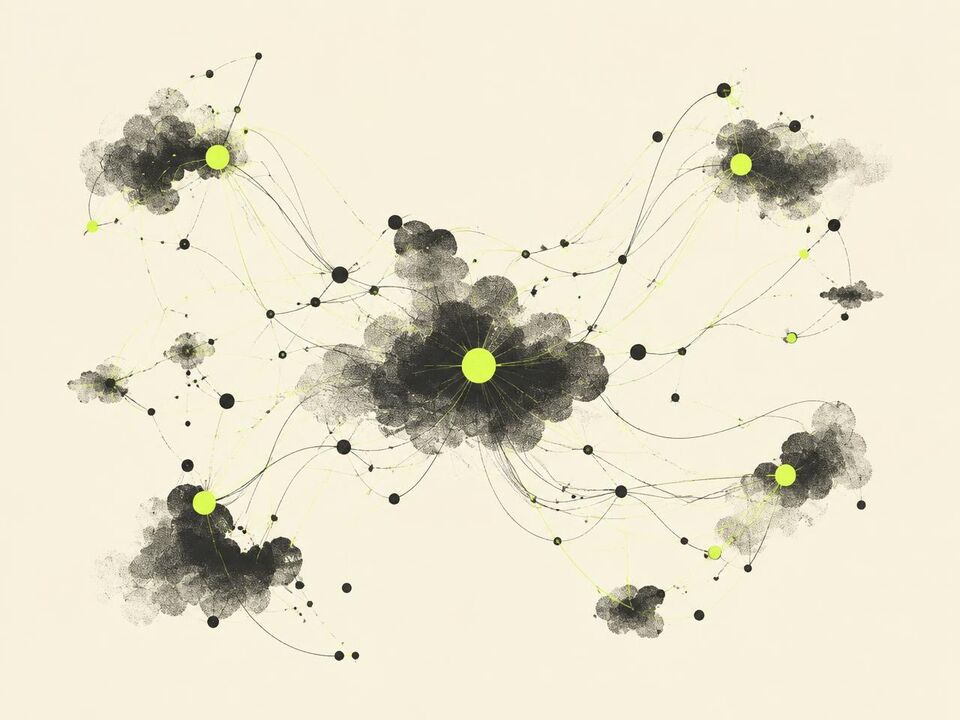 Ink illustration of connected network nodes with lime highlights