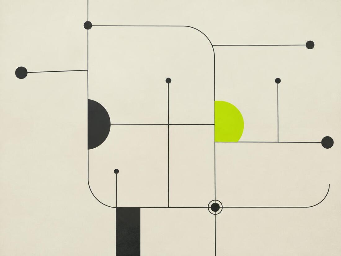 Abstract charcoal circuit lines on ivory with a lime green accent shape